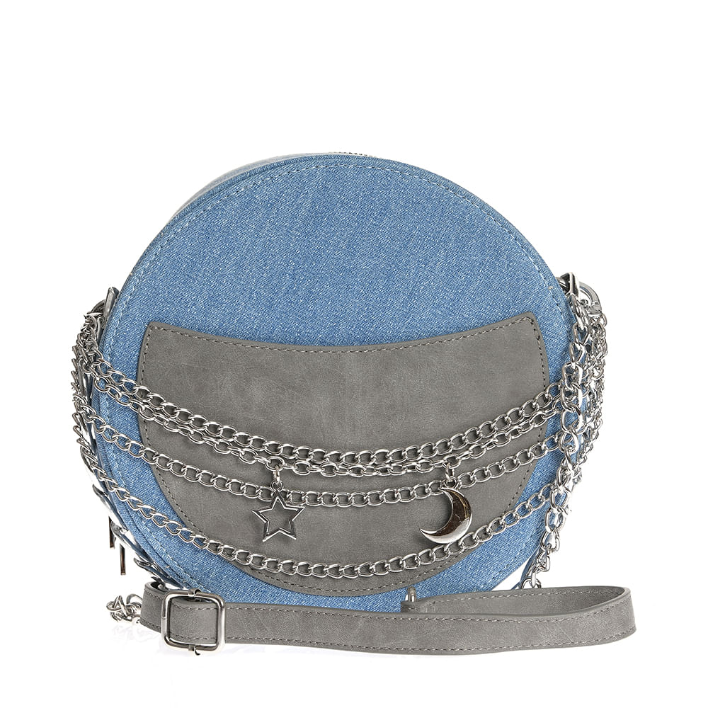 Geanta rotunda din denim cu lanturi si charm-uri metalice
