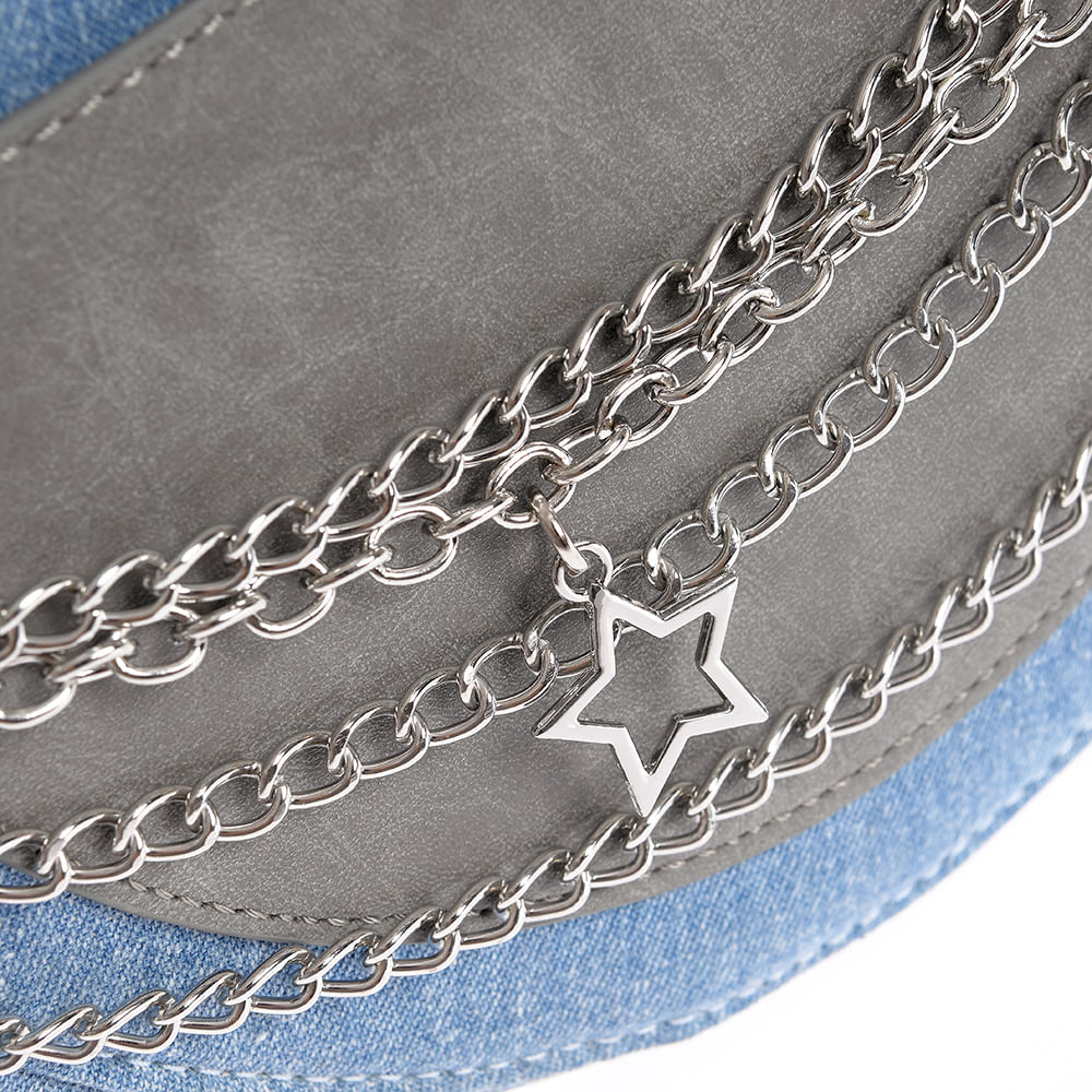 Geanta rotunda din denim cu lanturi si charm-uri metalice - 1 | YEO