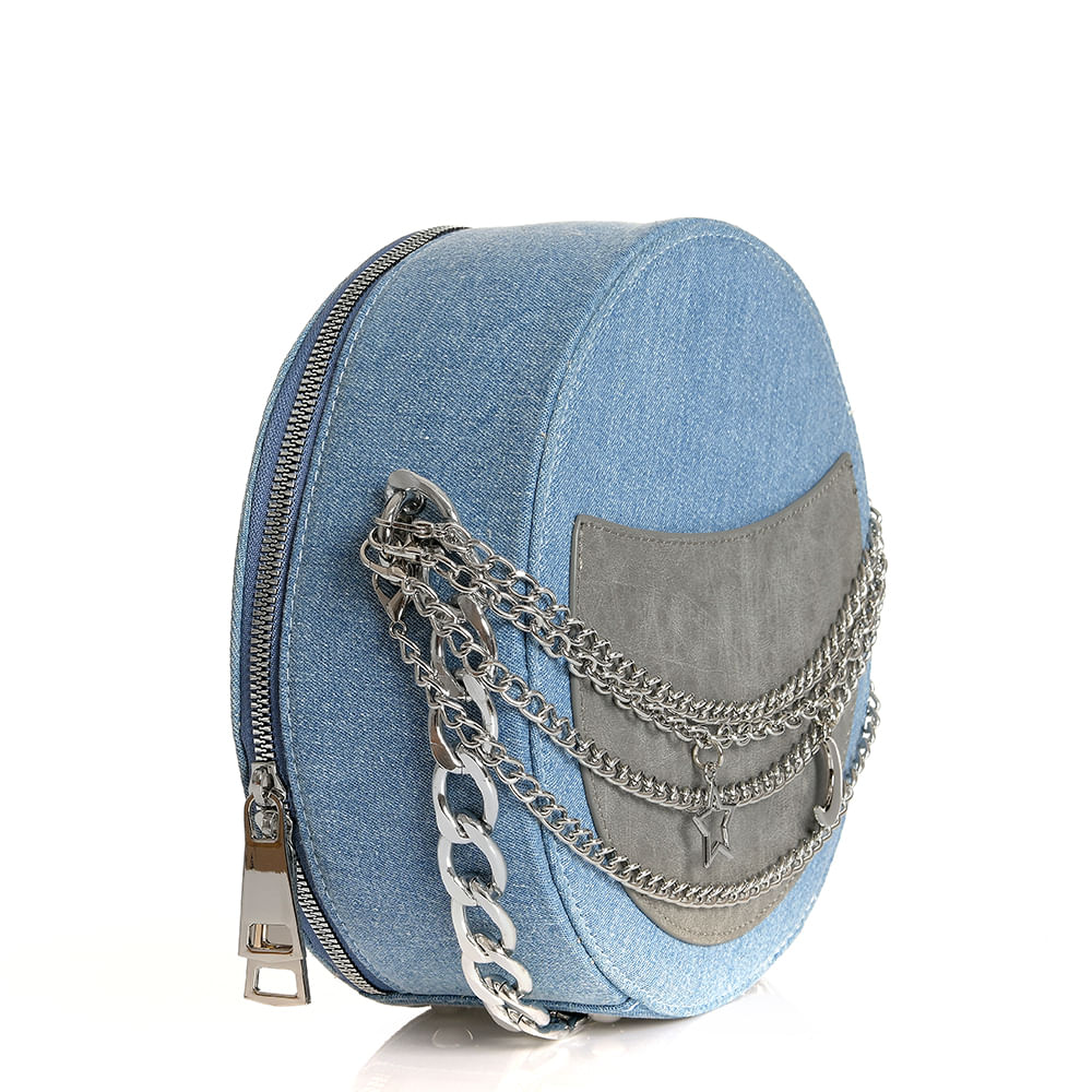 Geanta rotunda din denim cu lanturi si charm-uri metalice - 2 | YEO
