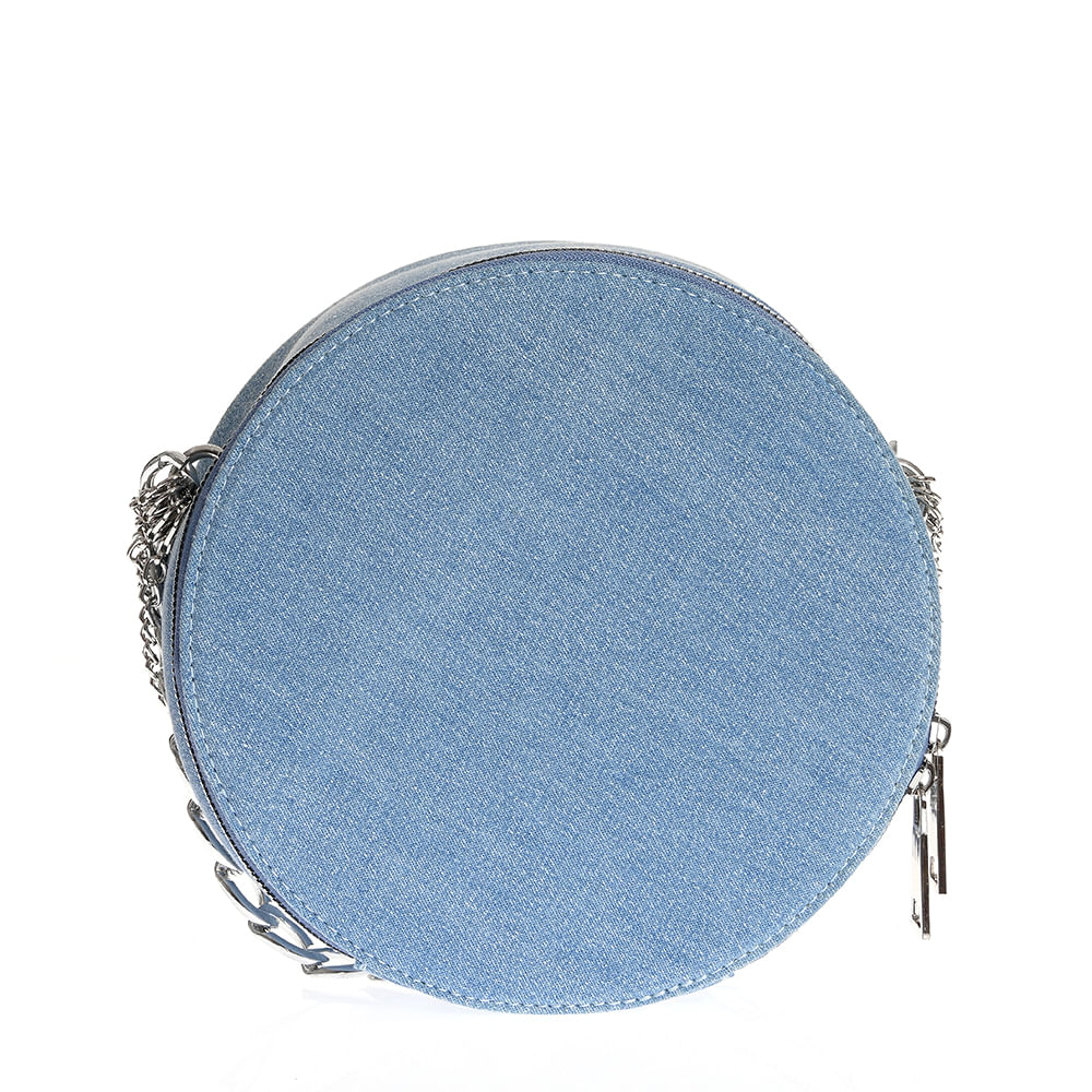 Geanta rotunda din denim cu lanturi si charm-uri metalice - 3 | YEO