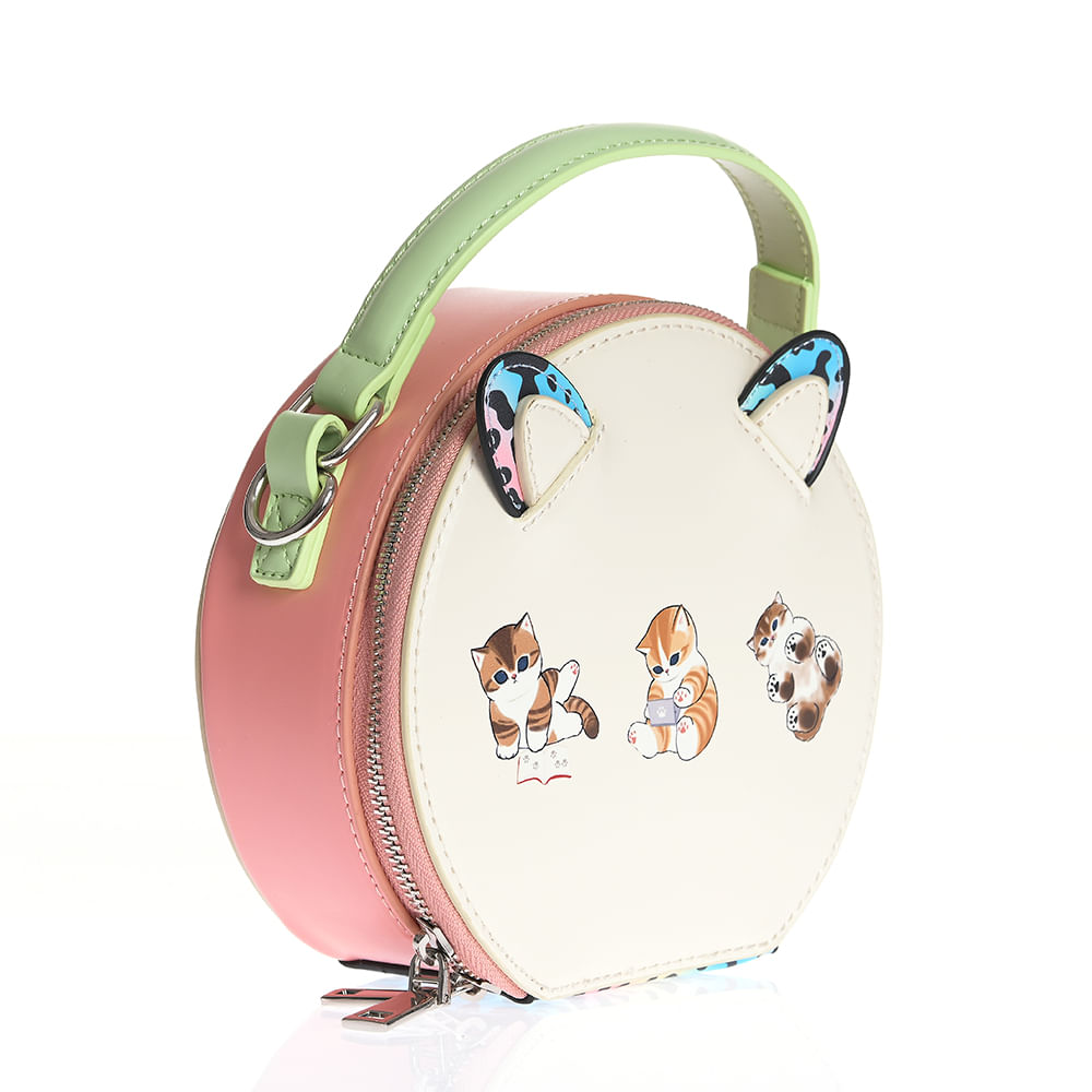 Geanta rotunda crem cu pisicute si detalii pastel - 1 | YEO