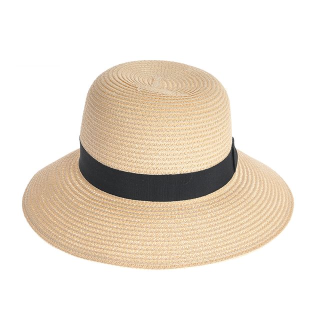Palarie de soare eleganta din paie bej cu banda neagra