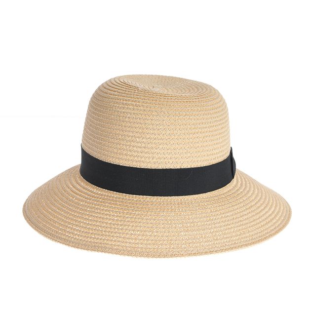 Palarie de soare eleganta din paie bej cu banda neagra
