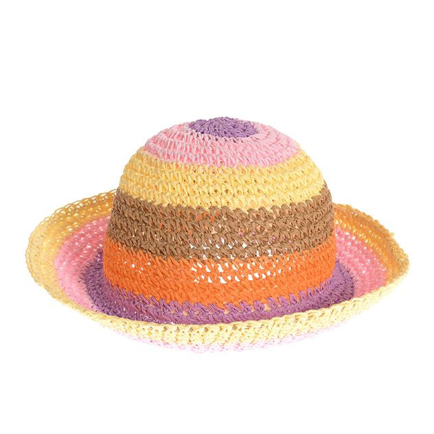 Palarie crosetata multicolora cu bor lat si dungi pastel