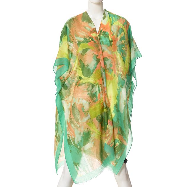 Poncho cu imprimeu abstract in nuante de verde si portocaliu