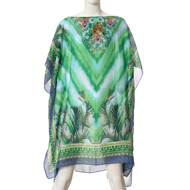 Poncho cu detalii florale in nuante de verde si albastru