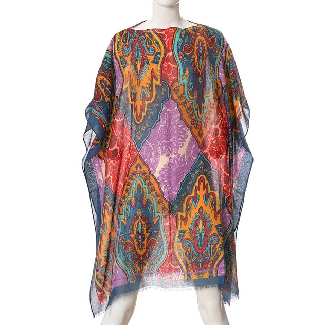 Poncho cu imprimeu boho multicolor si bordura bleumarin