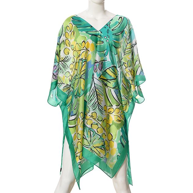 Poncho cu imprimeu model vegetal si margini verzi