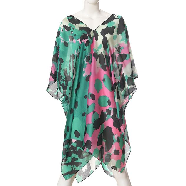 Poncho cu imprimeu abstract verde si roz
