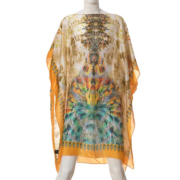 Poncho cu imprimeu exotic si margini portocalii