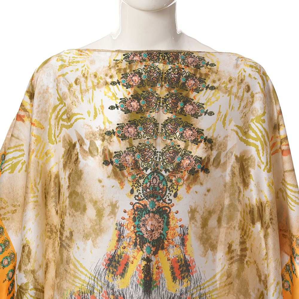 Poncho cu imprimeu exotic si margini portocalii - 1 | YEO