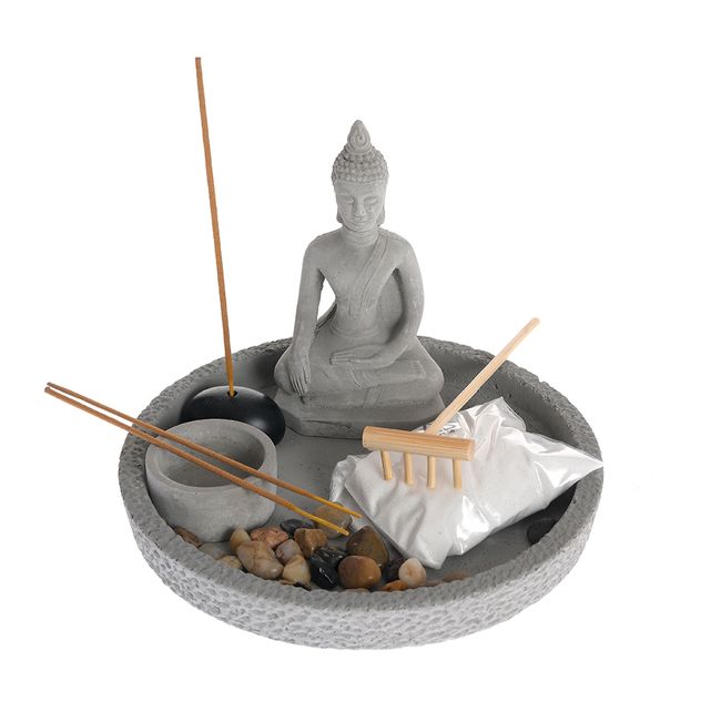 Decor Zen cu statueta Buddha, nisip, pietre si suport betisoare parfumate