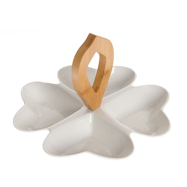 Platou aperitive cu 4 compartimente din ceramica si suport bambus