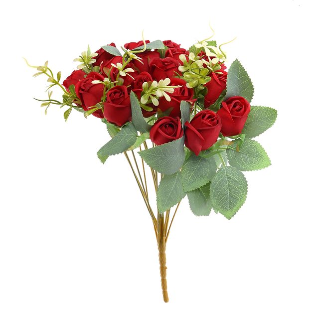 Buchet decorativ cu trandafiri rosii artificiali si frunze verzi