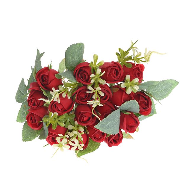 Buchet decorativ cu trandafiri rosii artificiali si frunze verzi