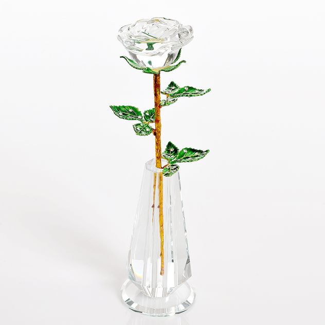 Trandafir decorativ transparent in suport cristal 26 cm