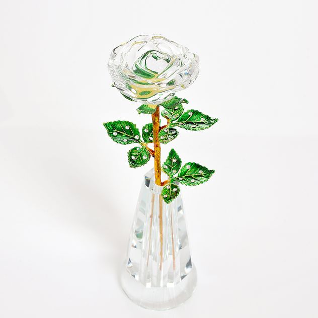 Trandafir decorativ transparent in suport cristal 26 cm