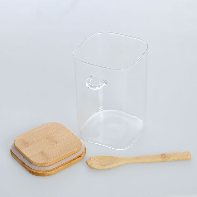 Recipient din sticla cu capac din bambus 15 cm