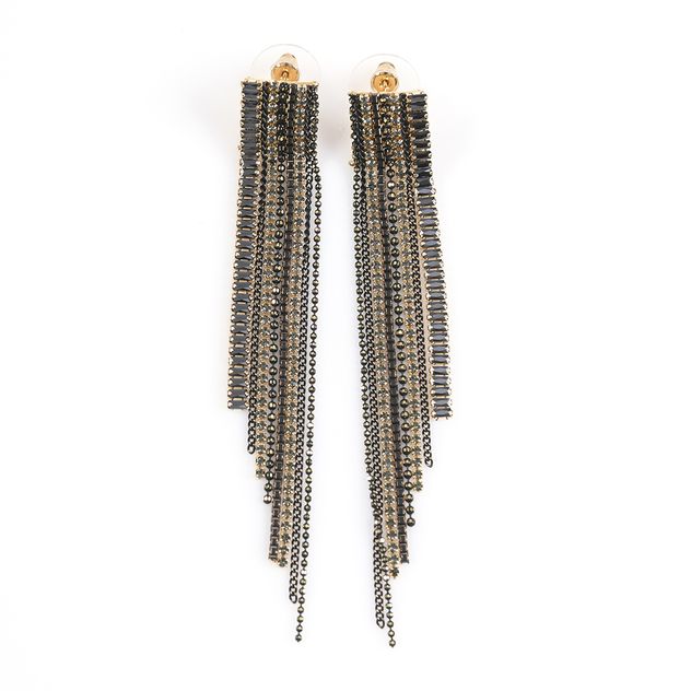 Cercei lungi cu lanturi si cristale negre