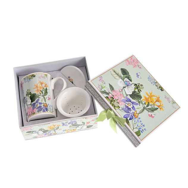 Cana portelan cu capac si decor floral pastel 300 ml