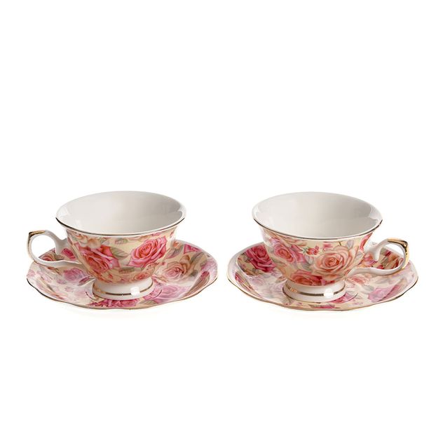 Set 2 cesti portelan cu farfurioara si model trandafiri vintage 220 ml