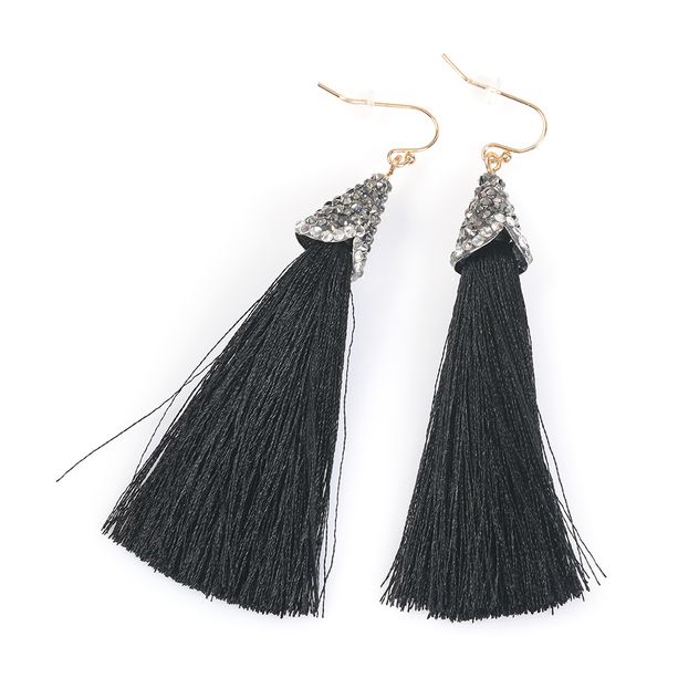 Cercei eleganti cu ciucuri negri si decoratiuni stralucitoare