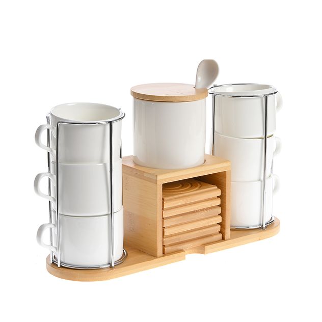 Set cesti cafea cu suport din bambus, recipiente si lingurita