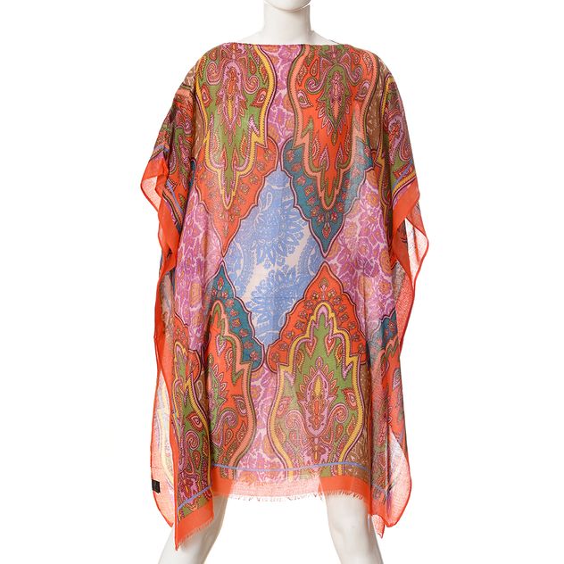 Poncho vaporos cu imprimeu boho colorat si bordura portocalie