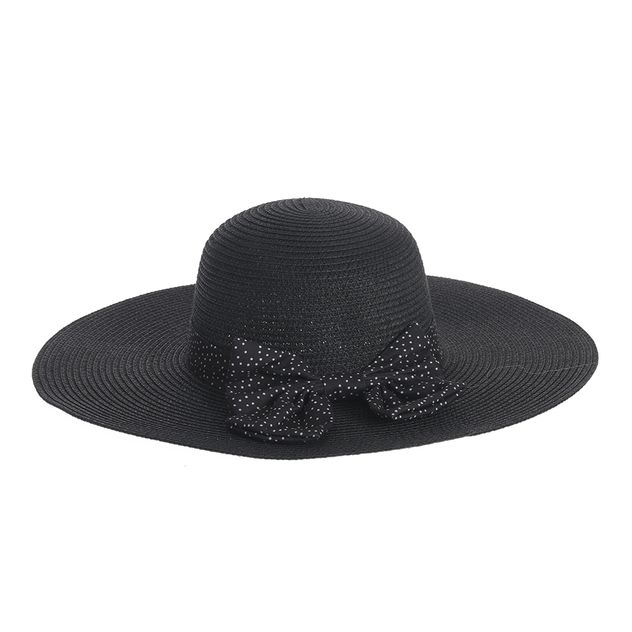 Palarie de plaja neagra cu bor mare si funda cu buline