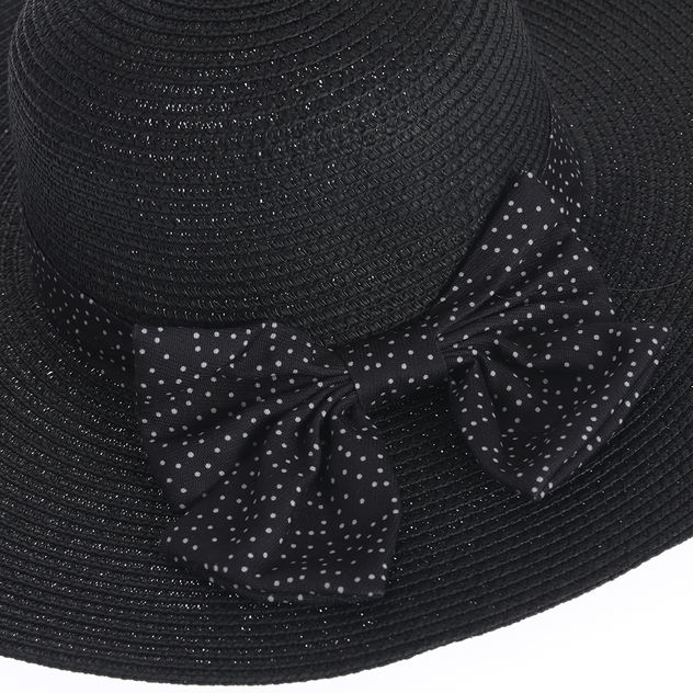 Palarie de plaja neagra cu bor mare si funda cu buline