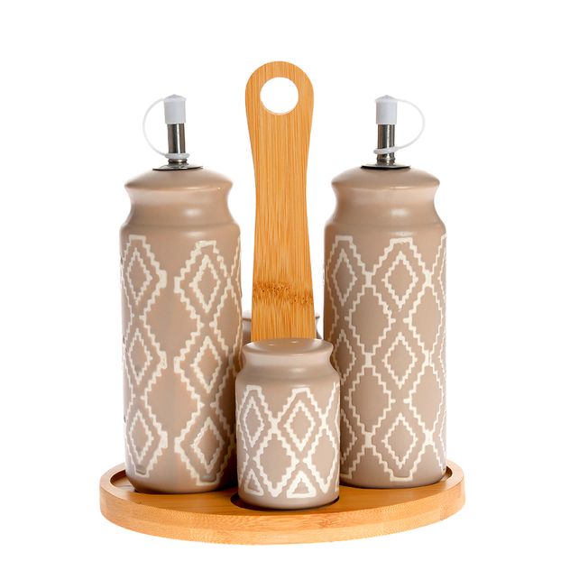 Set pentru ulei, otet si condimente cu suport din bambus