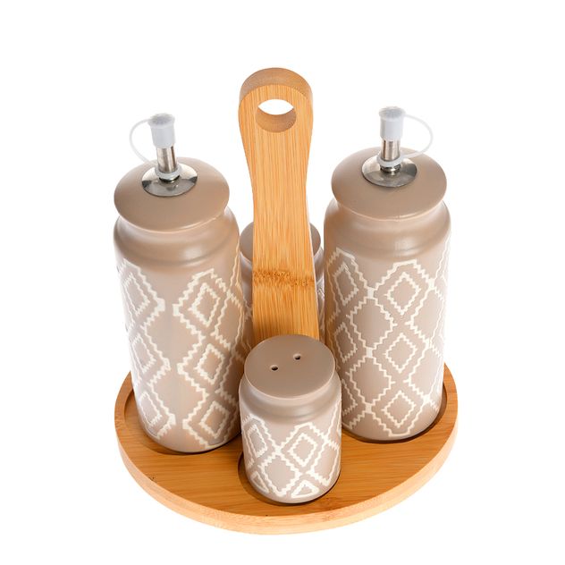 Set pentru ulei, otet si condimente cu suport din bambus