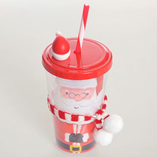 Pahar festiv de Craciun cu pai reutilizabil si design Mos Craciun