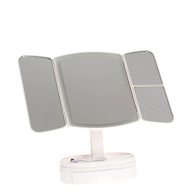 Oglinda cosmetica pliabila cu iluminare LED si spatii depozitare