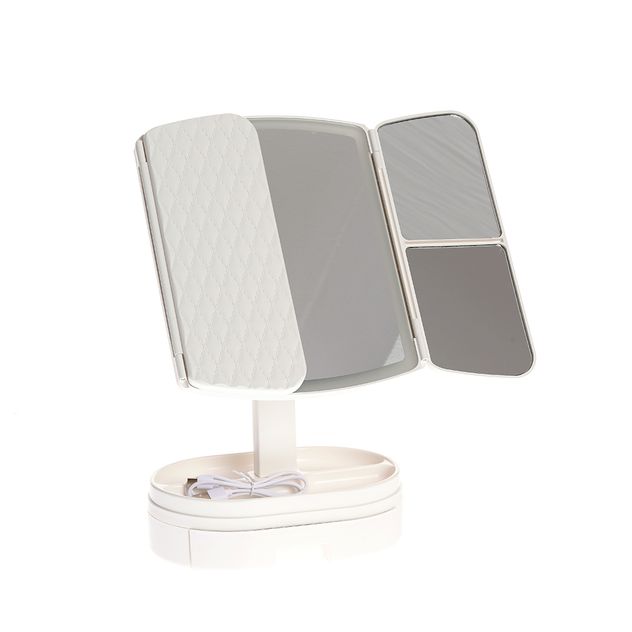 Oglinda cosmetica pliabila cu iluminare LED si spatii depozitare
