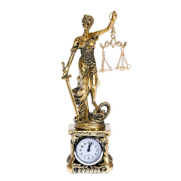 Statueta decorativa Themis cu ceas, finisaj auriu antichizat