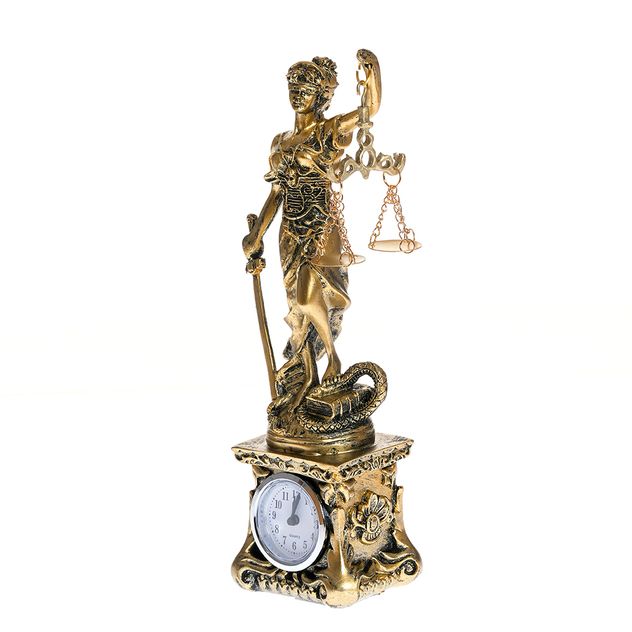 Statueta decorativa Themis cu ceas, finisaj auriu antichizat