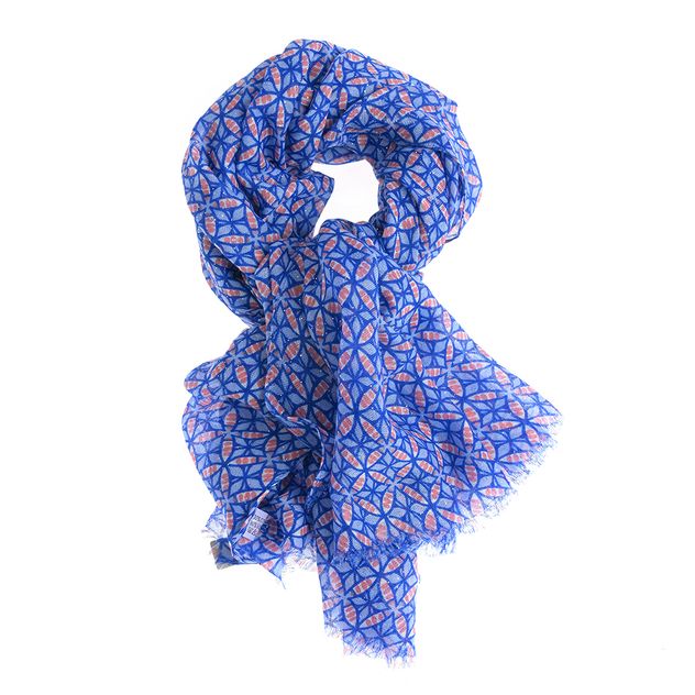 Esarfa albastra cu imprimeu geometric si textura vaporoasa