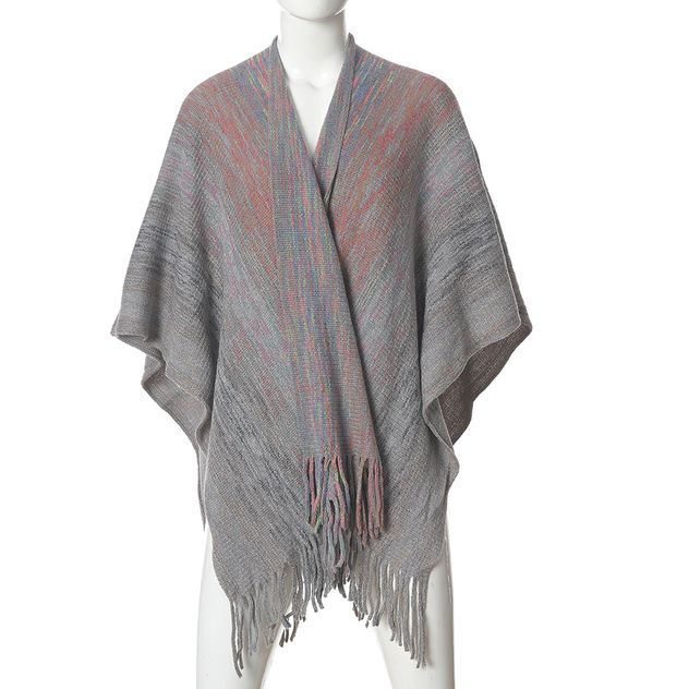 Poncho gri cu franjuri si accente colorate