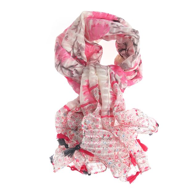 Esarfa cu flori roz si ciucuri decorativi