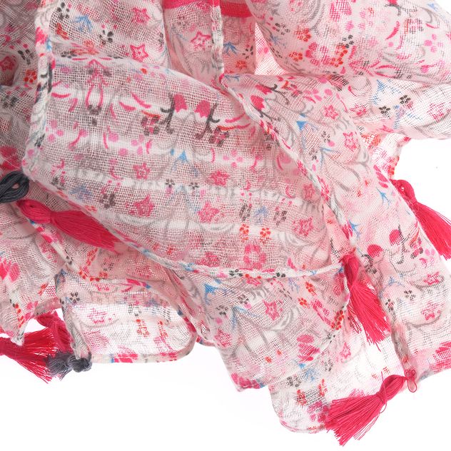 Esarfa cu flori roz si ciucuri decorativi