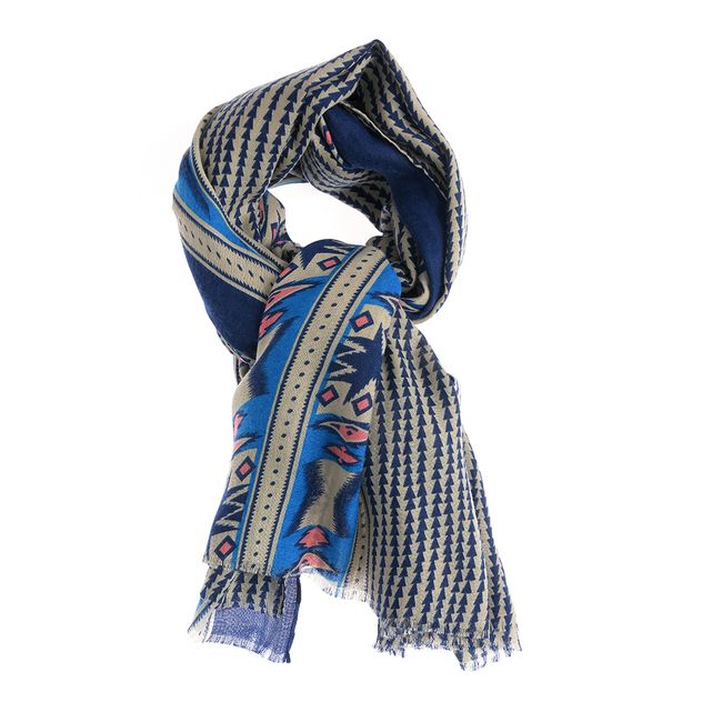 Esarfa cu model tribal in nuante de albastru si bej