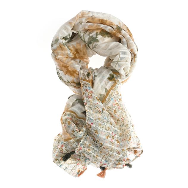 Esarfa cu imprimeu floral pastel si ciucuri decorativi