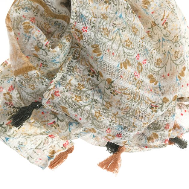 Esarfa cu imprimeu floral pastel si ciucuri decorativi