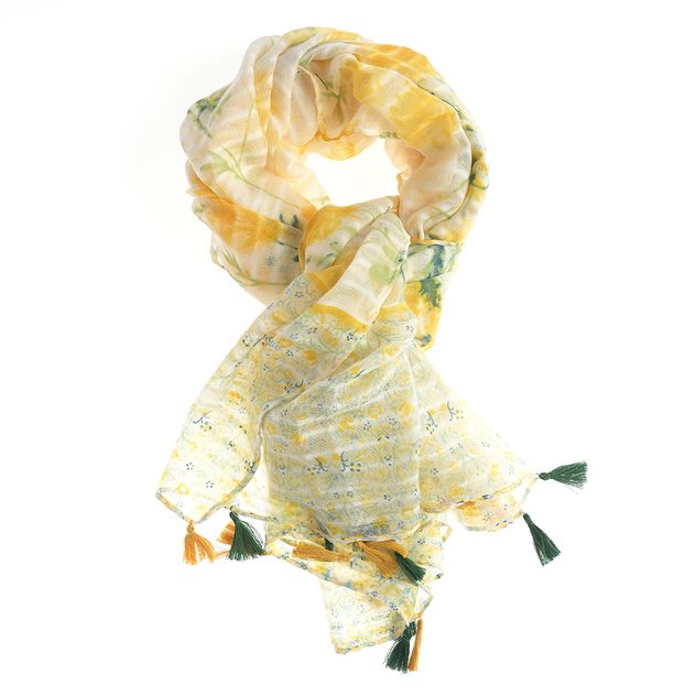 Esarfa cu flori galbene si ciucuri decorativi verzi