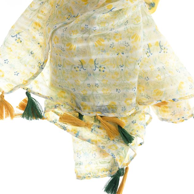 Esarfa cu flori galbene si ciucuri decorativi verzi