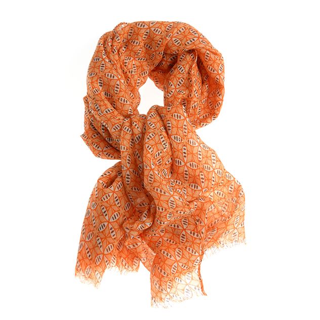 Esarfa portocalie cu imprimeu geometric si textura vaporoasa