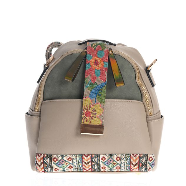Rucsac casual bej cu imprimeu floral si tribal