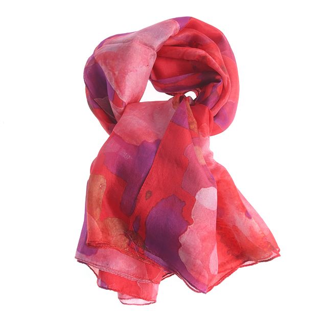 Esarfa din matase rosie cu imprimeu floral abstract