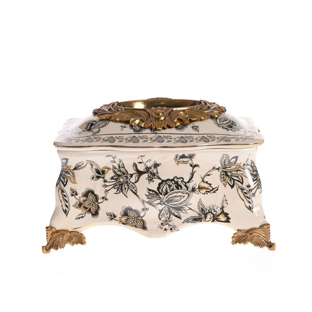 Suport ceramic pentru servetele cu accente aurii si model floral vintage 24 cm